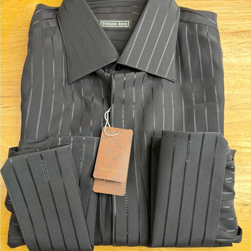 Stefano Ricci Black Striped Silk Shirt w/ Swarovski Crystals & French Cuffs